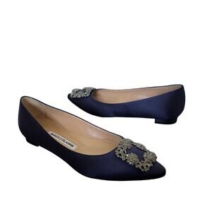 Manolo Blahnik Hangisi Navy Blue Satin Jewel Buckle Flat Pumps Size EU 36.5
